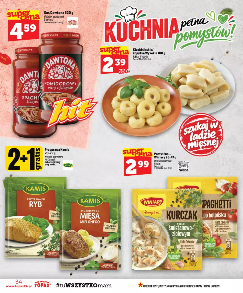 Gazetka promocyjna Topaz - Gazetka - ważna 29.10 do 04.11.2026 - strona 34 - produkty: Brit, Brita, Dawtona, Kamis, Kopytka, Kurczak, Por, Sok, Sos, Top, Winiary