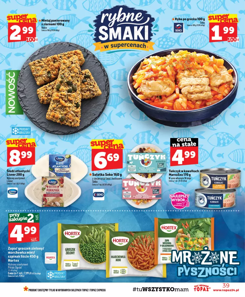 Gazetka promocyjna Topaz - Gazetka - ważna 29.10 do 04.11.2026 - strona 39 - produkty: Fa, Groszek, Hortex, Kawa, Kuskus, Lisner, Marchewka, Mintaj, Olej, Ryba, Ryba po grecku, Sałat, Sałatka, SEKO, Sos, Top, Tuńczyk