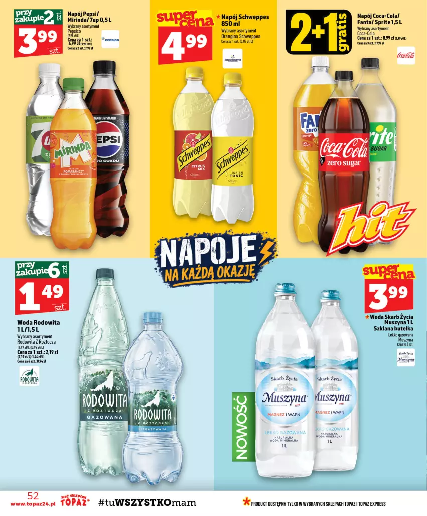Gazetka promocyjna Topaz - Gazetka - ważna 29.10 do 04.11.2026 - strona 52 - produkty: 7up, Coca-Cola, Fa, Fanta, Gin, LANA, Magnez, Mirinda, Mus, Napój, Pepsi, Schweppes, Sprite, Szyna, Top, Woda, Woda mineralna