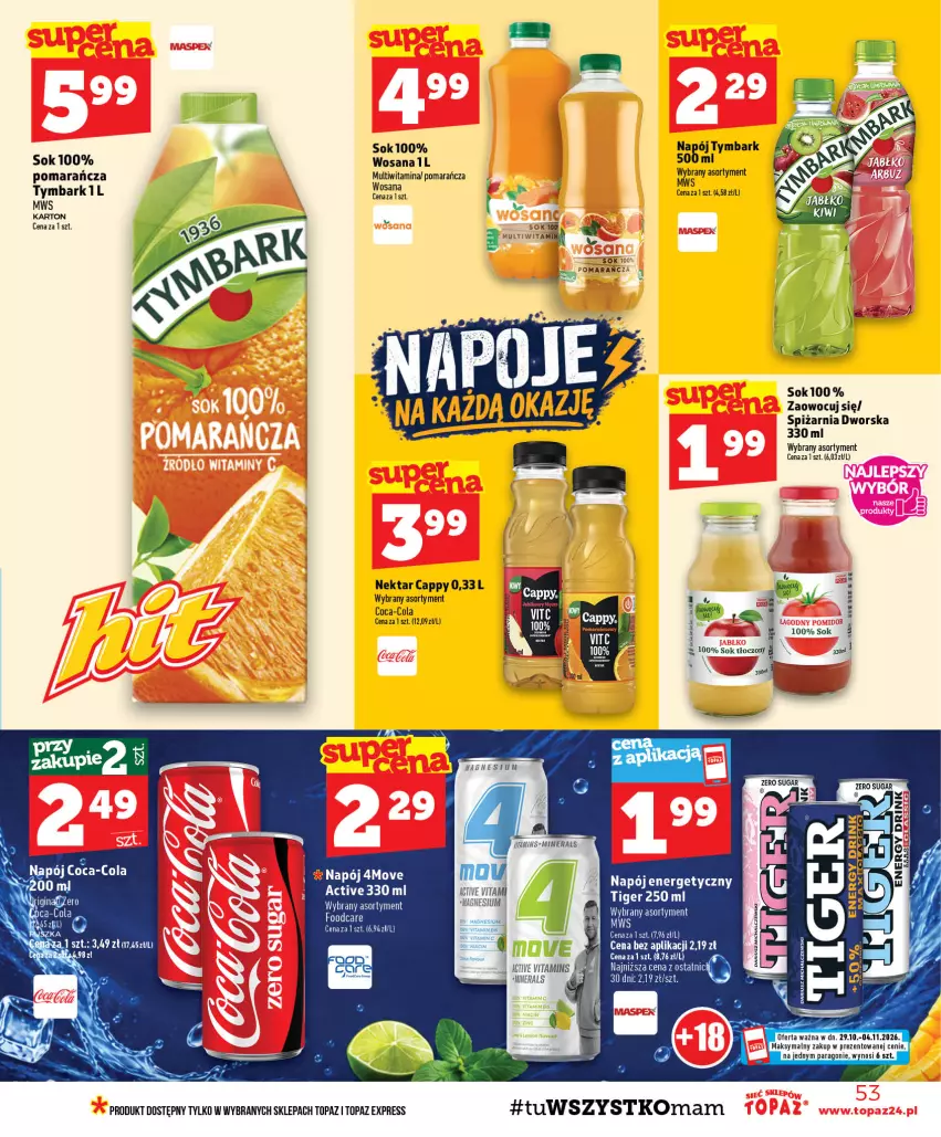 Gazetka promocyjna Topaz - Gazetka - ważna 29.10 do 04.11.2026 - strona 53 - produkty: Cappy, Coca-Cola, Napój, Nektar, Sok, Top, Tymbark