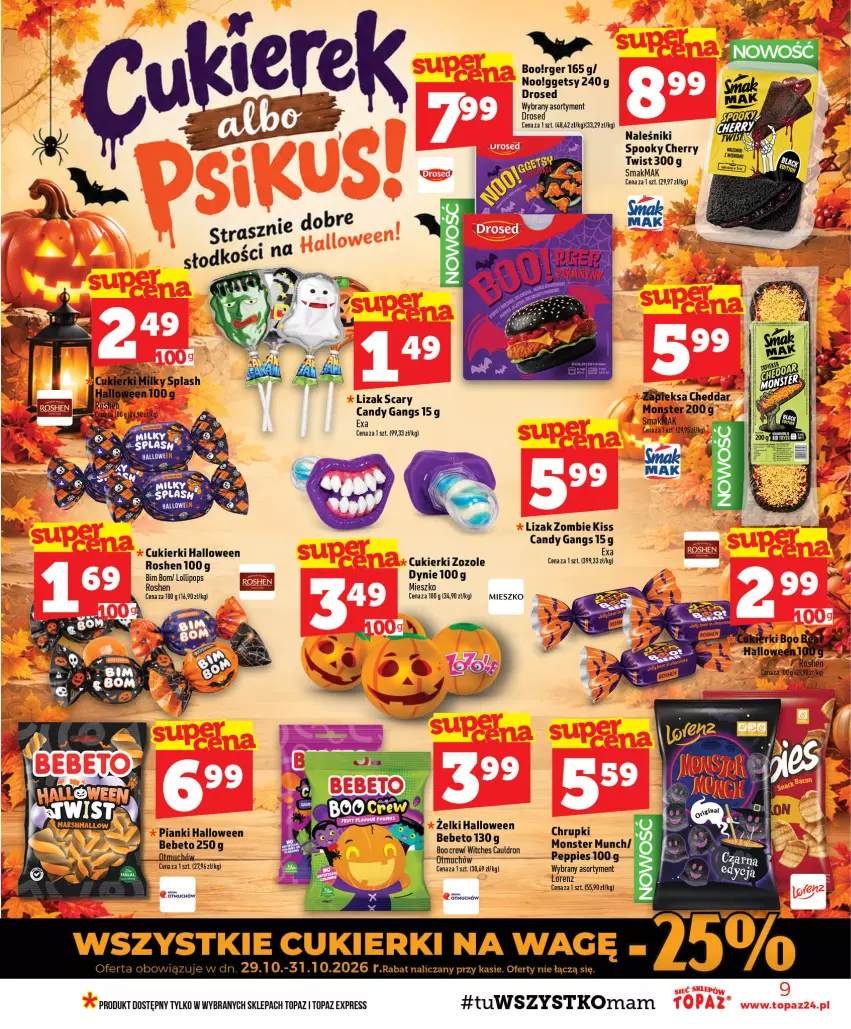 Gazetka promocyjna Topaz - Gazetka - ważna 29.10 do 04.11.2026 - strona 9 - produkty: Candy, Cheddar, Chrupki, Cukier, Cukierki, Lorenz, Monster Munch, Naleśniki, Top