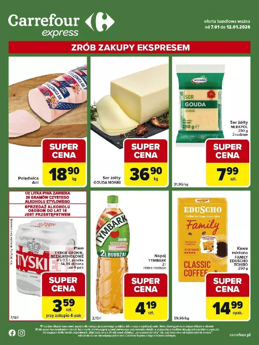 Gazetka promocyjna Carrefour - Gazetka Express - ważna 07.01 do 12.01.2026 - strona 1 - produkty: Fa, Gouda, Gra, Kawa, Piwa, Piwo, Ser, Tchibo, Tymbark, Tyskie