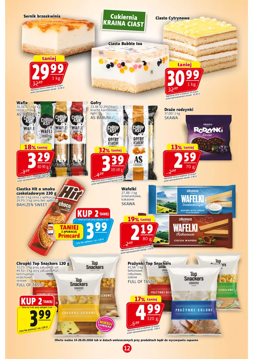 Gazetka promocyjna Prim Market - ważna 14.05 do 20.05.2026 - strona 12 - produkty: Babuni, Beko, Chrupki, Ciastka, Gofry, Kakao, Kawa, Ketchup, Rodzynki, Ser, Top, Wafle