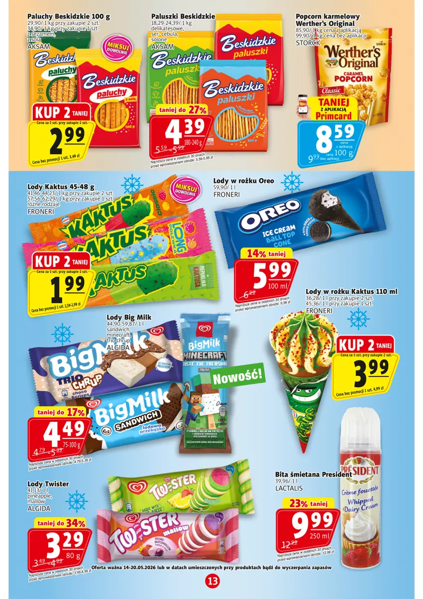Gazetka promocyjna Prim Market - ważna 14.05 do 20.05.2026 - strona 13 - produkty: Aksam, Algida, Beskidzki, Big Milk, Cebula, Gin, Kaktus, LG, Lody, Minecraft, Oreo, Popcorn, Ser, Sok