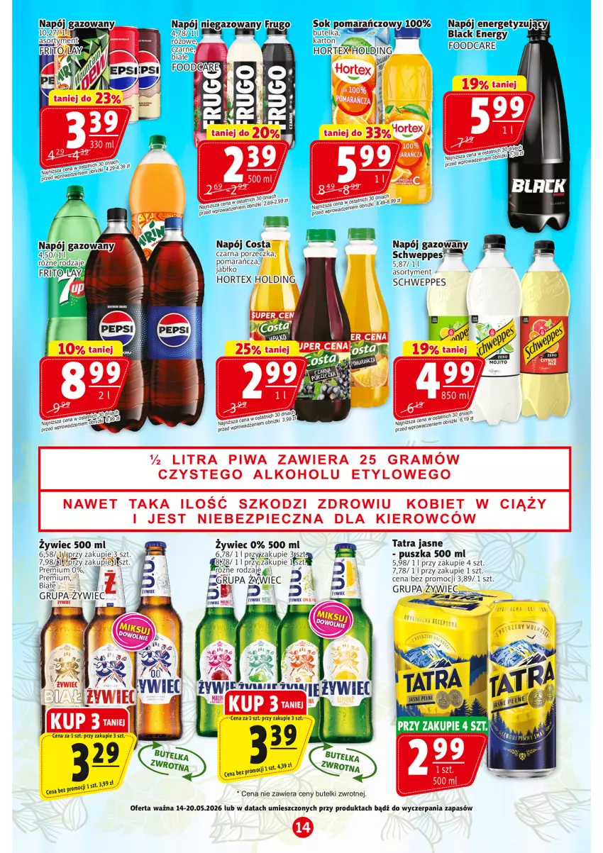 Gazetka promocyjna Prim Market - ważna 14.05 do 20.05.2026 - strona 14 - produkty: Gra, Hortex, Lack, Napój, Napój gazowany, Napój niegazowany, Piec, Piwa, Por, Schweppes, Sok, Sok pomarańczowy, Tatra