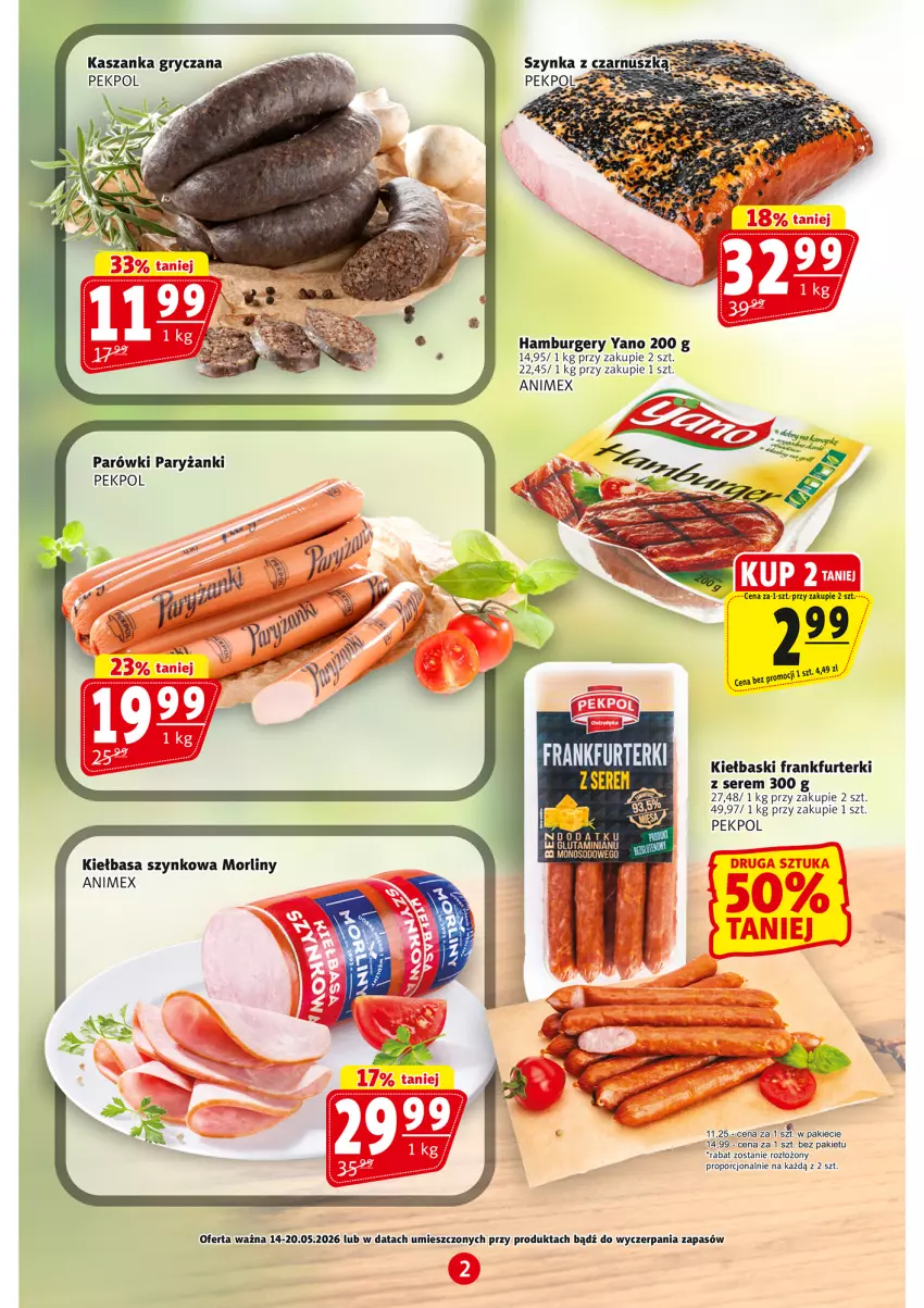 Gazetka promocyjna Prim Market - ważna 14.05 do 20.05.2026 - strona 2 - produkty: Burger, Gin, Gry, Hamburger, Kasza, Kaszanka, Kiełbasa, Kiełbasa szynkowa, Morliny, Parówki, Pekpol, Por, Ryż