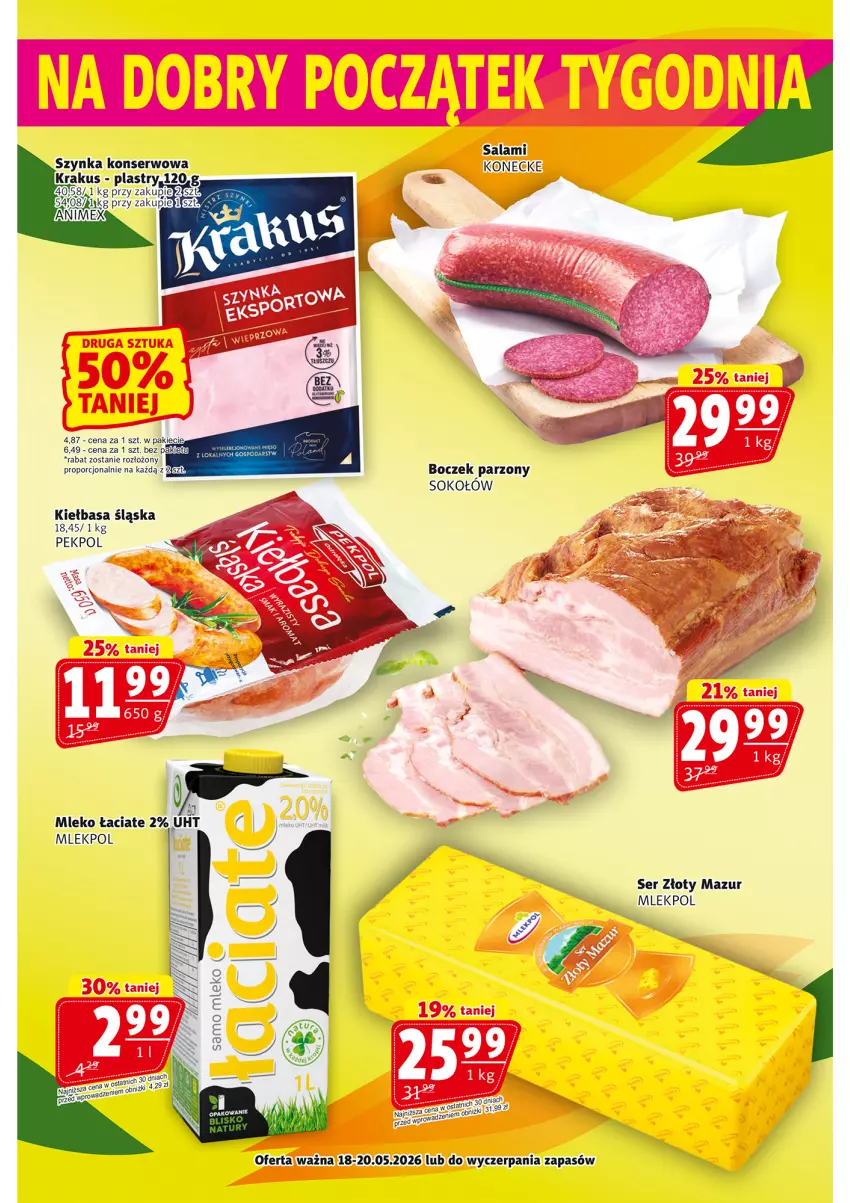 Gazetka promocyjna Prim Market - ważna 14.05 do 20.05.2026 - strona 20 - produkty: Boczek, Kiełbasa, Kiełbasa śląska, Mleko, Pekpol, Por, Salami, Ser, Sok, Sokołów, Szynka, Szynka konserwowa, Złoty Mazur