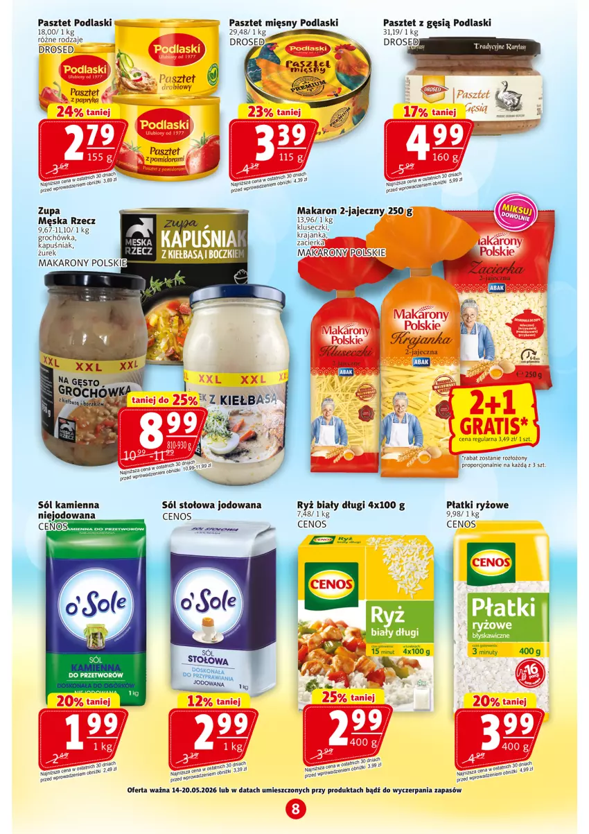 Gazetka promocyjna Prim Market - ważna 14.05 do 20.05.2026 - strona 8 - produkty: Cenos, Makaron, Nuty, Papryka, Pasztet, Płatki ryżowe, Podlaski, Por, Ryż, Ryż biały, Sól, Zacierka, Zupa