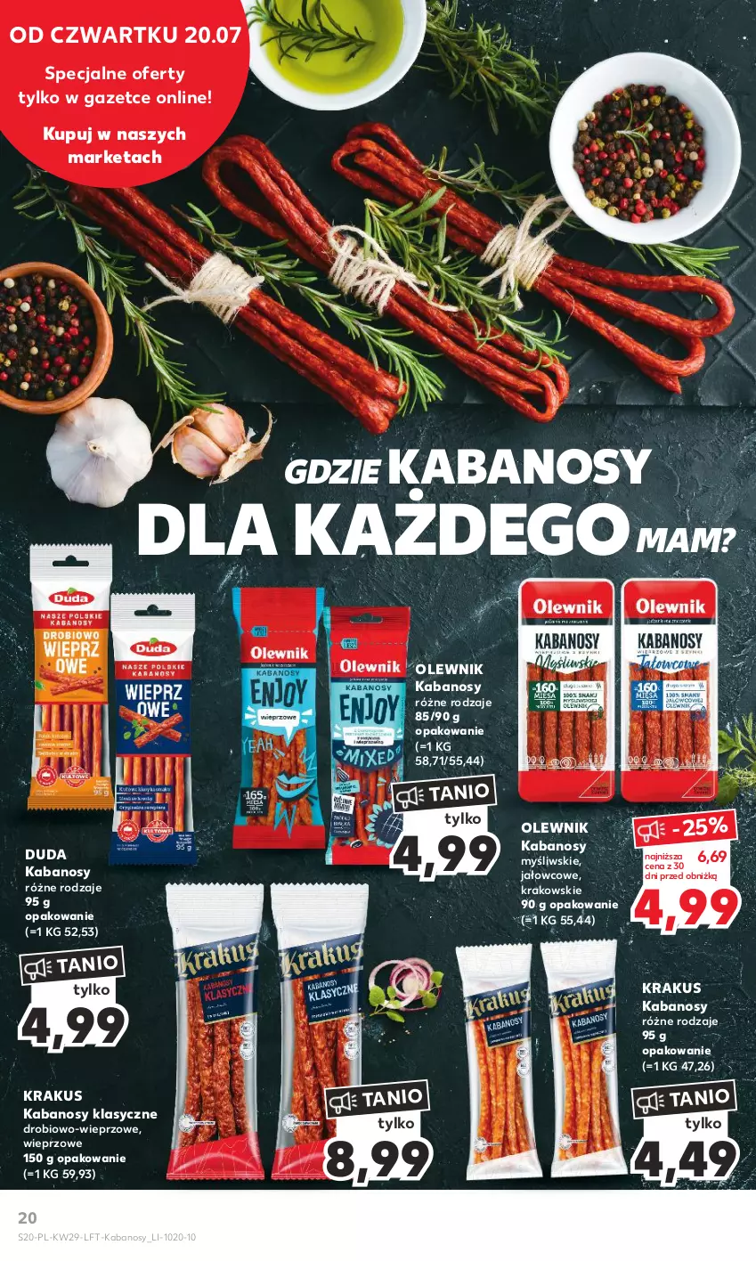 Gazetka promocyjna Kaufland - Gazetka tygodnia - ważna 20.07 do 26.07.2023 - strona 20 - produkty: Duda, Kabanos, Krakus, Olewnik