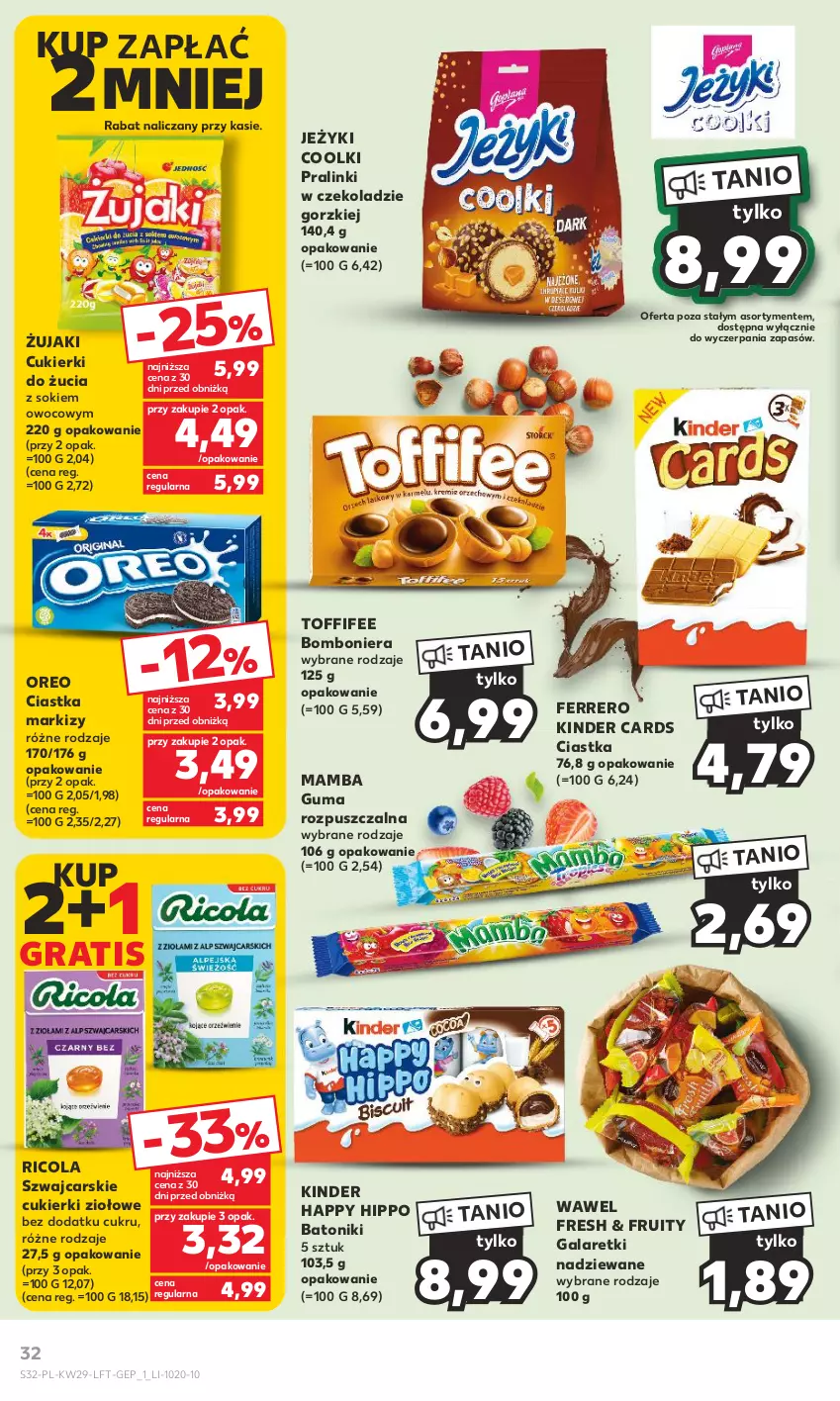 Gazetka promocyjna Kaufland - Gazetka tygodnia - ważna 20.07 do 26.07.2023 - strona 32 - produkty: Baton, Bomboniera, Cars, Ciastka, Cukier, Cukierki, Ferrero, Gala, Galaretki, Gra, Guma rozpuszczalna, HiPP, Jeżyki, Kinder, Mamba, Oreo, Sok, Toffifee, Tonik, Wawel