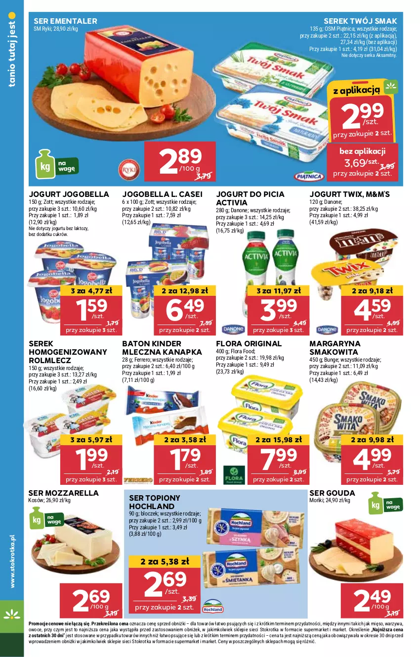 Gazetka promocyjna Stokrotka - Supermarket - ważna 27.02 do 05.03.2025 - strona 12 - produkty: Activia, Aksam, Baton, Bell, Bella, Ementaler, Flora, Gin, Gouda, Hochland, Jogobella, Jogurt, Kinder, Margaryna, Mięso, Mleczna kanapka, Mozzarella, Owoce, Rolmlecz, Ser, Ser topiony, Serek, Serek homogenizowany, Smakowita, Top, Twix, Twój Smak, Warzywa, Zott