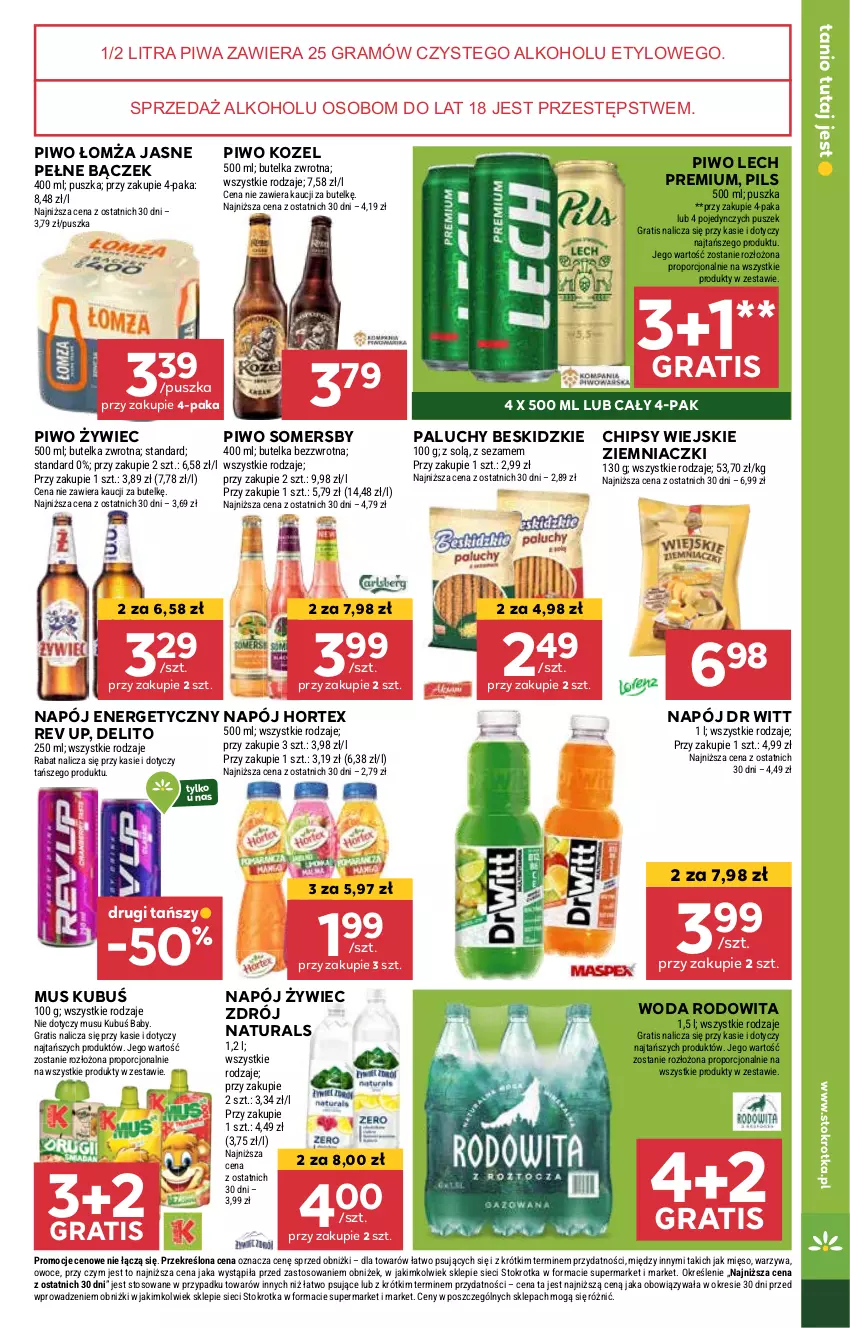 Gazetka promocyjna Stokrotka - Supermarket - ważna 27.02 do 05.03.2025 - strona 23 - produkty: Beskidzki, Chipsy, Gra, Hortex, Kozel, Kubuś, Lech Premium, Mięso, Mus, Napój, Napój energetyczny, Owoce, Piwa, Piwo, Por, Sezam, Somersby, Warzywa, Woda