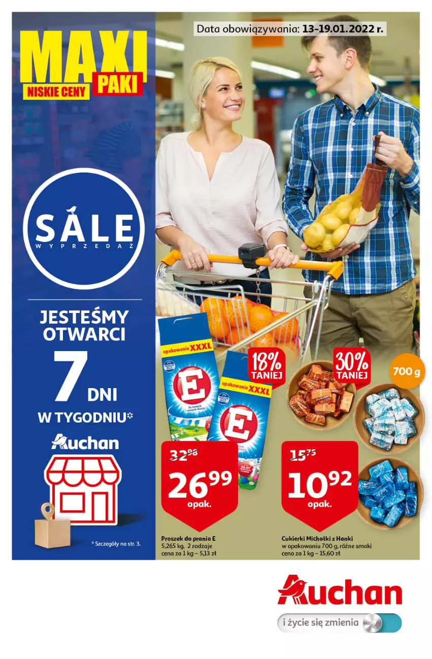 Gazetka promocyjna Auchan - Maxi Paki Niskie Ceny Hipermarkety - ważna 13.01 do 19.01.2022 - strona 1 - produkty: Cukier, Cukierki, Michałki, Proszek do prania