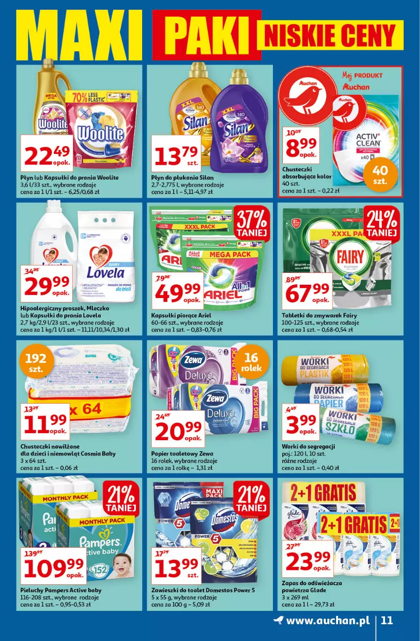 Gazetka promocyjna Auchan - Maxi Paki Niskie Ceny Hipermarkety - ważna 13.01 do 19.01.2022 - strona 11 - produkty: Ariel, Chusteczki, Domestos, Dzieci, Fa, Fairy, Kapsułki do prania, Lovela, Mleczko, Pampers, Papier, Papier toaletowy, Pieluchy, Płyn do płukania, Silan, Tablet, Woolite, Zawieszki