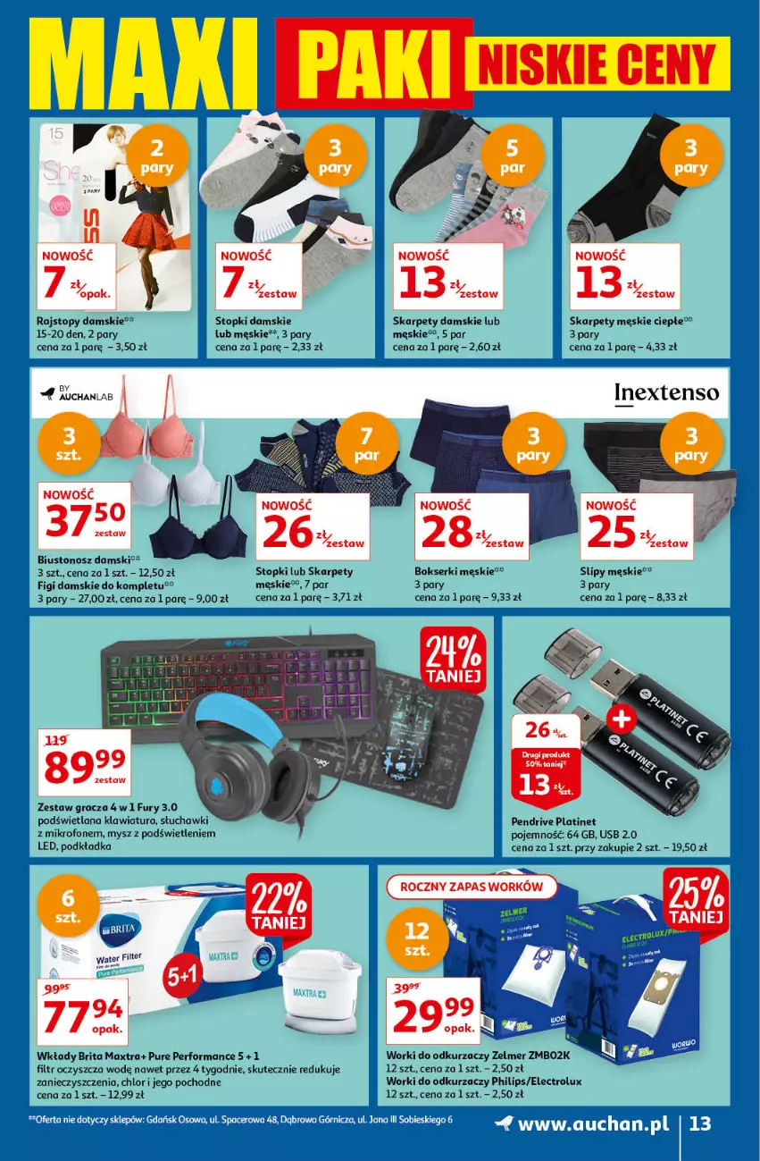 Gazetka promocyjna Auchan - Maxi Paki Niskie Ceny Hipermarkety - ważna 13.01 do 19.01.2022 - strona 13 - produkty: Biustonosz, Bokserki, Brit, Brita, Brita Maxtra, Electrolux, Figi, Gra, Karp, Klawiatura, LANA, Mikrofon, Mysz, Odkurzacz, Pendrive, Philips, PLATINET, Podkład, Podkładka, Pur, Rajstopy, Ser, Slipy, Słuchawki, Top, Zelmer