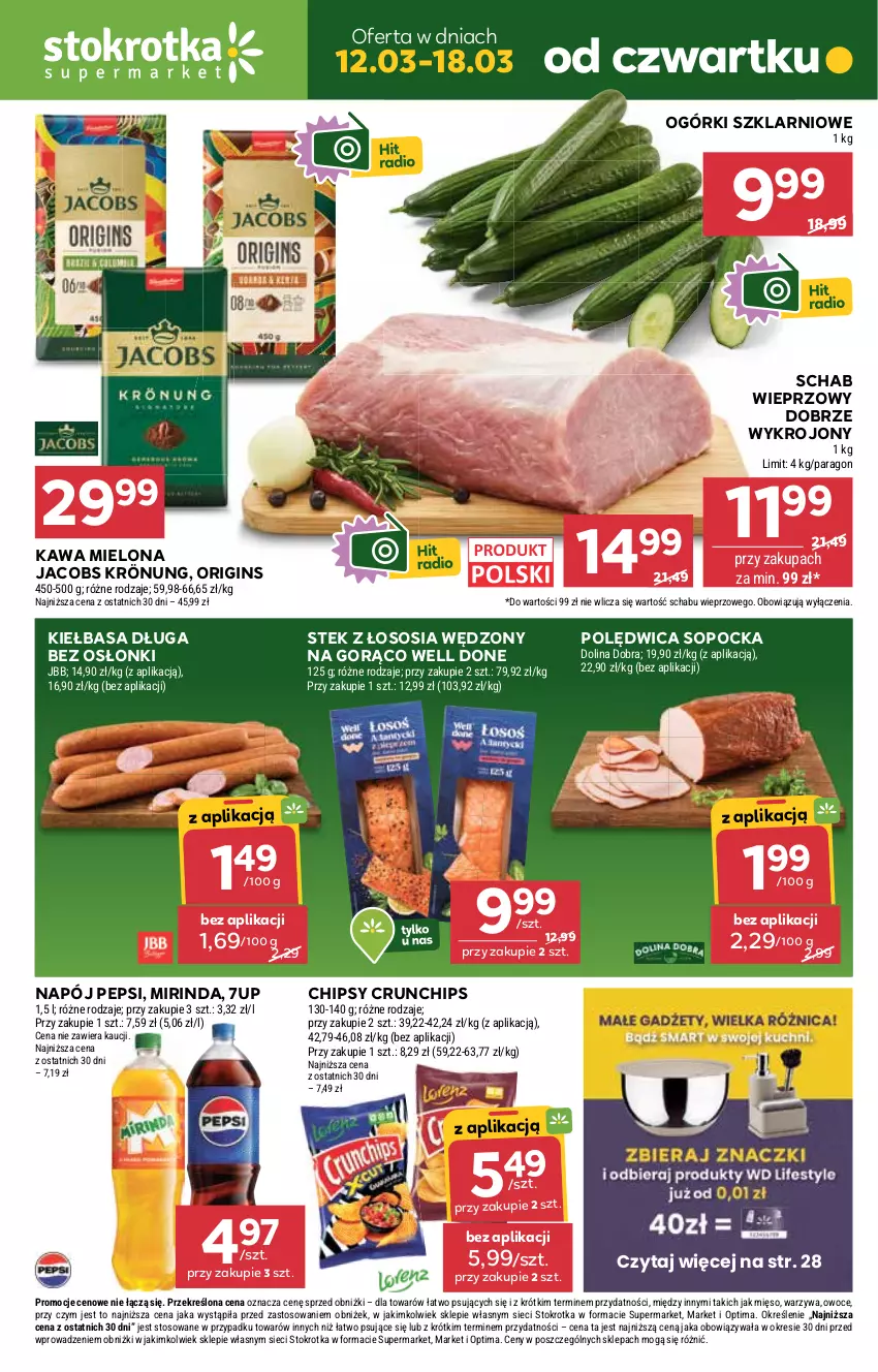 Gazetka promocyjna Stokrotka - Supermarket - ważna 12.03 do 18.03.2026 - strona 1 - produkty: 7up, Chipsy, Crunchips, Gin, Jacobs, Jacobs Krönung, Kawa, Kawa mielona, Kiełbasa, Mięso, Mirinda, Napój, Optima, Owoce, Pepsi, Polędwica, Schab wieprzowy, Sos, Stek, Warzywa