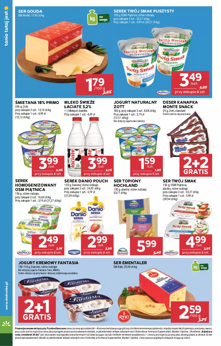 Gazetka promocyjna Stokrotka - Supermarket - ważna 12.03 do 18.03.2026 - strona 12 - produkty: Danio, Danone, Deser, Ementaler, Fa, Fanta, Gouda, Gra, Hochland, Jogurt, Jogurt naturalny, Mięso, Mleko, Monte, Optima, Owoce, Piątnica, Ser, Ser topiony, Serek, Serek homogenizowany, Top, Twix, Twój Smak, Warzywa, Zott