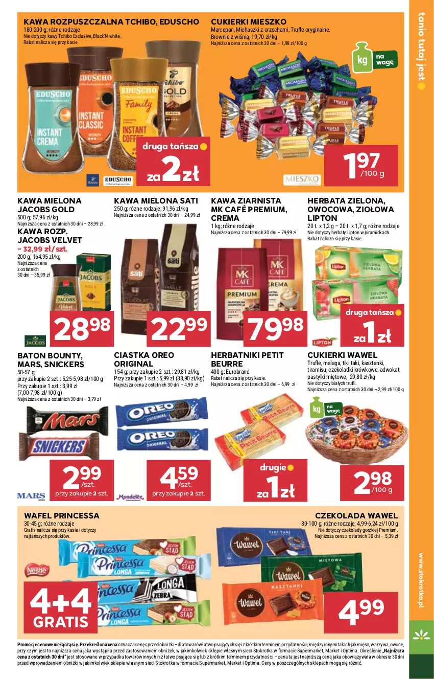 Gazetka promocyjna Stokrotka - Supermarket - ważna 12.03 do 18.03.2026 - strona 13 - produkty: Baton, Bounty, Brownie, Ciastka, Cukier, Cukierki, Czekolada, Gin, Gra, Herbata, Herbatniki, Herbatniki Petit Beurre, Jacobs, Jacobs Velvet, Kawa, Kawa mielona, Kawa rozpuszczalna, Kawa ziarnista, Lack, Lipton, Mars, Mięso, Optima, Oreo, Owoce, Pastylki, Princessa, Sati, Snickers, Tchibo, Velvet, Warzywa, Wawel