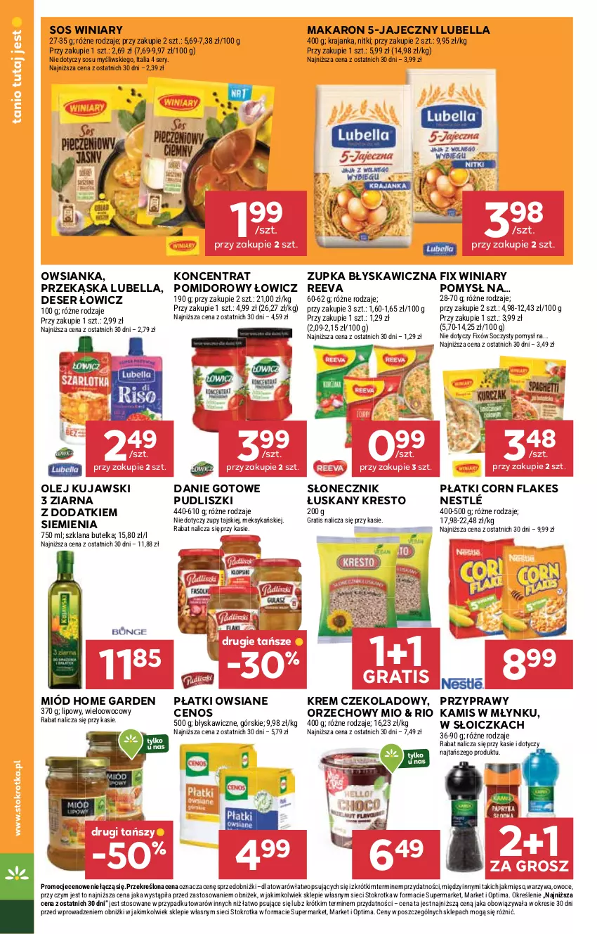 Gazetka promocyjna Stokrotka - Supermarket - ważna 12.03 do 18.03.2026 - strona 16 - produkty: Bell, Bella, Cenos, Corn flakes, Danie gotowe, Deser, Gra, Kamis, Kujawski, LANA, Lubella, Makaron, Mięso, Miód, Nestlé, Olej, Optima, Owoce, Owsianka, Płatki owsiane, Przyprawy, Pudliszki, Ser, Sos, Warzywa, Winiary