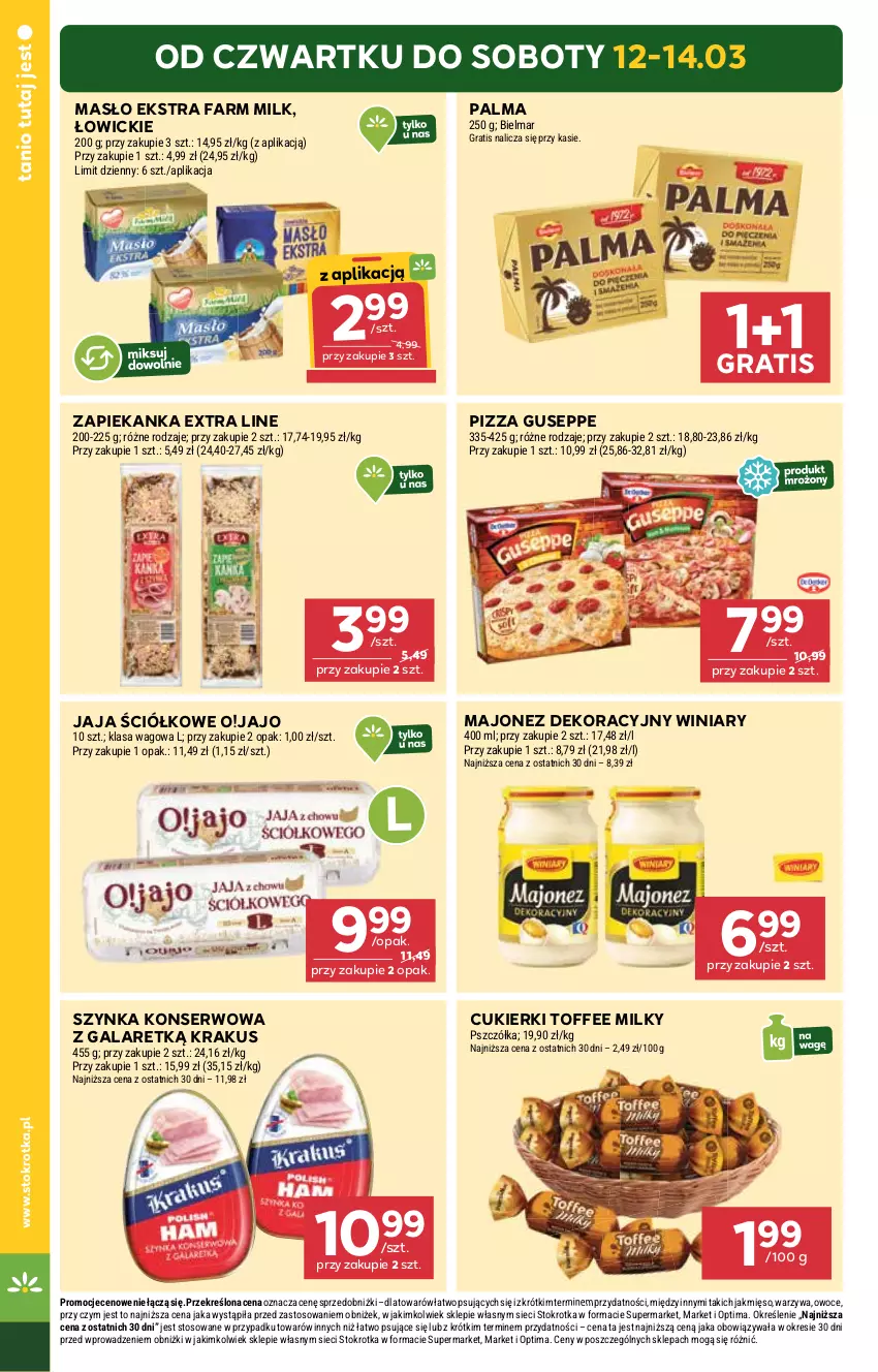 Gazetka promocyjna Stokrotka - Supermarket - ważna 12.03 do 18.03.2026 - strona 2 - produkty: Cukier, Cukierki, Fa, Farm Milk, Gala, Gra, Jaja, Krakus, Majonez, Masło, Mięso, Optima, Owoce, Palma, Pizza, Ser, Szynka, Szynka konserwowa, Warzywa, Winiary, Zapiekanka