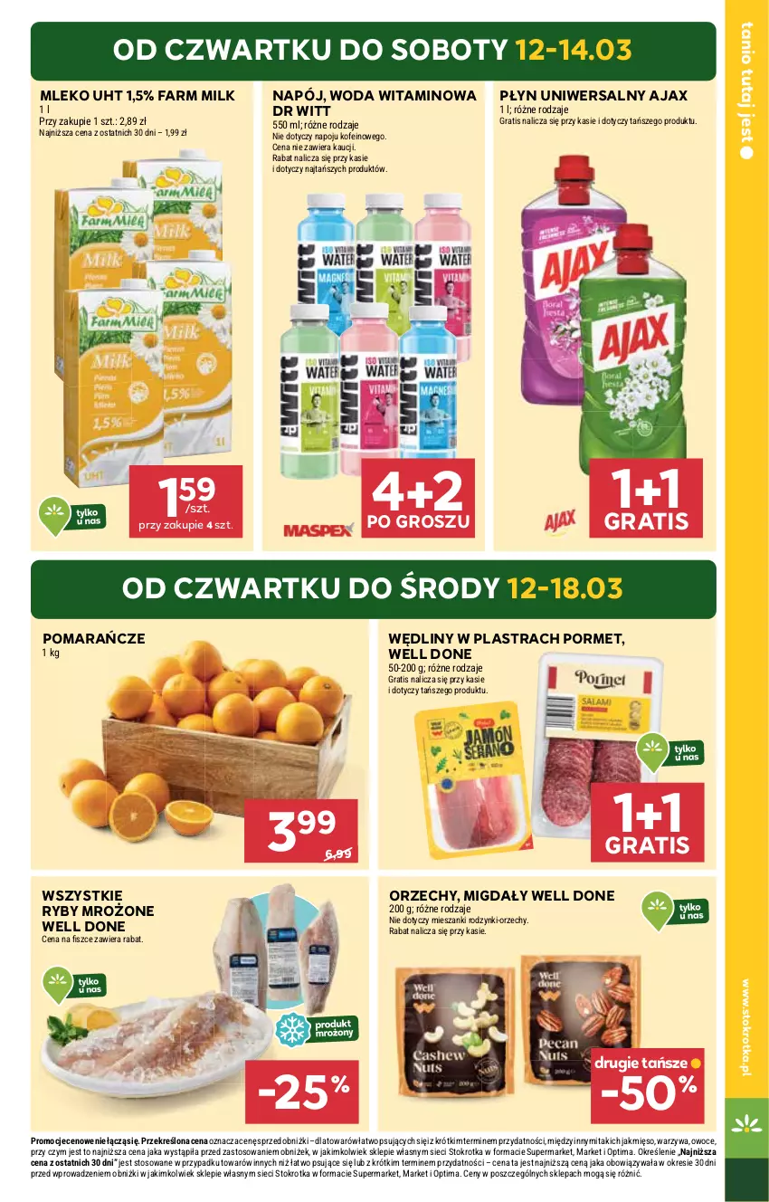 Gazetka promocyjna Stokrotka - Supermarket - ważna 12.03 do 18.03.2026 - strona 3 - produkty: Ajax, Fa, Farm Milk, Gra, Mięso, Migdały, Mleko, Napój, Optima, Owoce, Pomarańcze, Por, Rodzynki, Warzywa, Woda