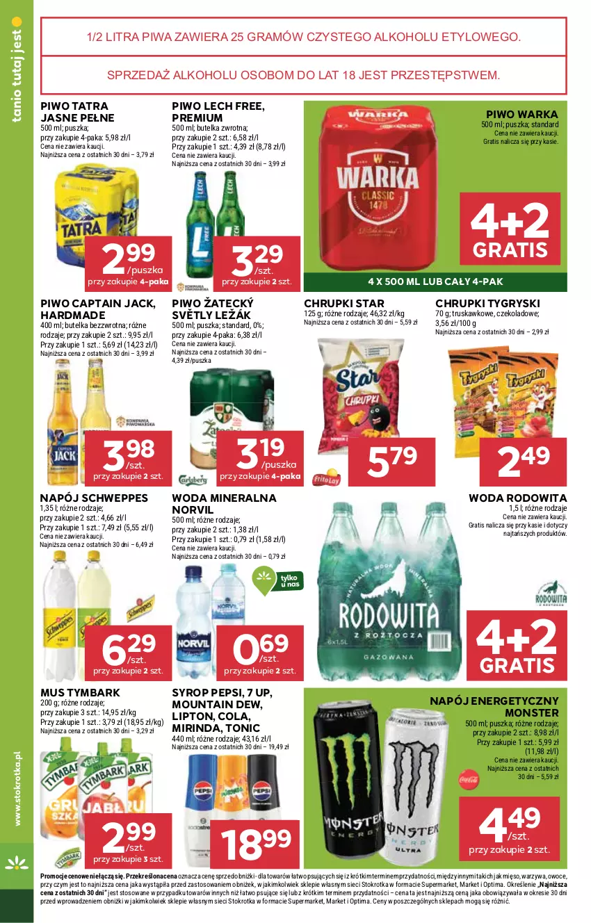 Gazetka promocyjna Stokrotka - Supermarket - ważna 12.03 do 18.03.2026 - strona 32 - produkty: Captain Jack, Chrupki, Gra, Gry, Lipton, Mięso, Mirinda, Mus, Napój, Napój energetyczny, Optima, Owoce, Pepsi, Piwa, Piwo, Schweppes, Syrop, Tatra, Tymbark, Warka, Warzywa, Woda, Woda mineralna