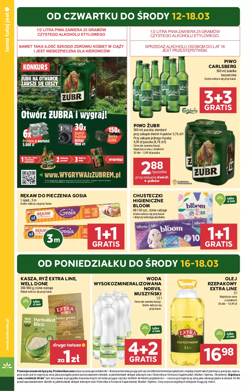 Gazetka promocyjna Stokrotka - Supermarket - ważna 12.03 do 18.03.2026 - strona 4 - produkty: Carlsberg, Chusteczki, Gra, Kasza, Mięso, Mus, Olej, Olej rzepakowy, Optima, Owoce, Piec, Piwa, Piwo, Rękaw do pieczenia, Ryż, Sok, Warzywa, Woda