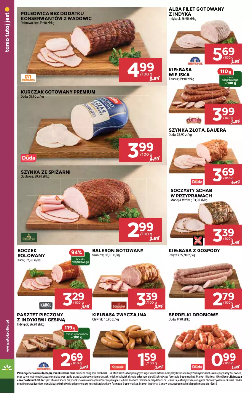 Gazetka promocyjna Stokrotka - Supermarket - ważna 12.03 do 18.03.2026 - strona 8 - produkty: Boczek, Duda, Kiełbasa, Kiełbasa wiejska, Kurczak, Kurczak gotowany, Mięso, Olewnik, Optima, Owoce, Pasztet, Piec, Polędwica, Ser, Serdelki, Sok, Sokołów, Szynka, Warzywa