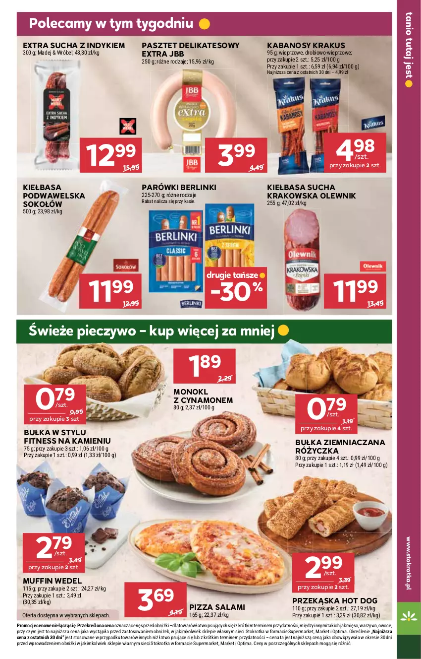 Gazetka promocyjna Stokrotka - Supermarket - ważna 12.03 do 18.03.2026 - strona 9 - produkty: Berlinki, Bułka, Hot dog, Kabanos, Kiełbasa, Kiełbasa podwawelska, Krakus, Mięso, Olewnik, Optima, Owoce, Parówki, Pasztet, Piec, Pieczywo, Pizza, Salami, Sok, Sokołów, Warzywa, Wawel