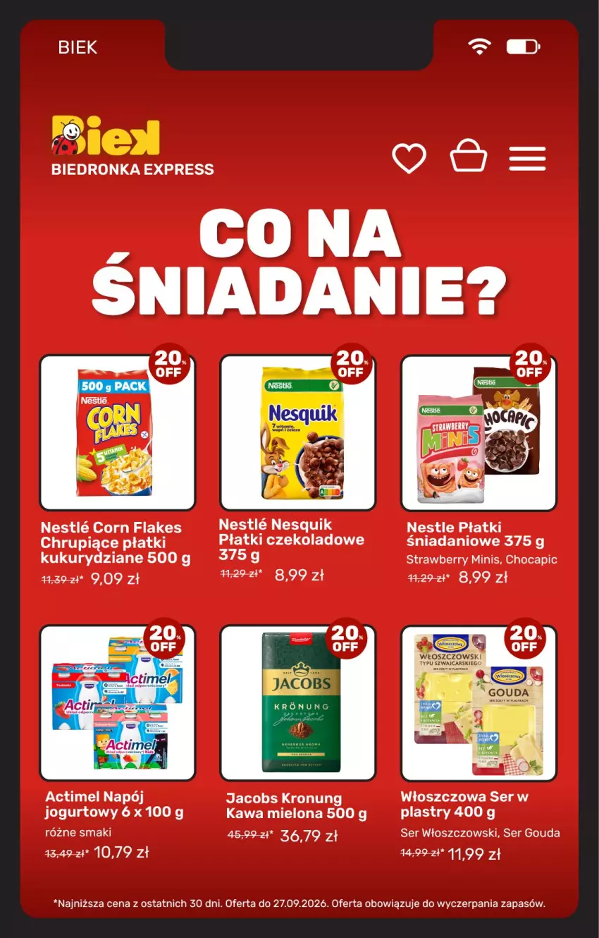 Gazetka promocyjna Biedronka - BIEK - ważna 25.09 do 02.10.2026 - strona 12 - produkty: Actimel, Corn flakes, Danio, Gouda, Jacobs, Jogurt, Kawa, Kawa mielona, Napój, Nesquik, Ser, Włoszczowski