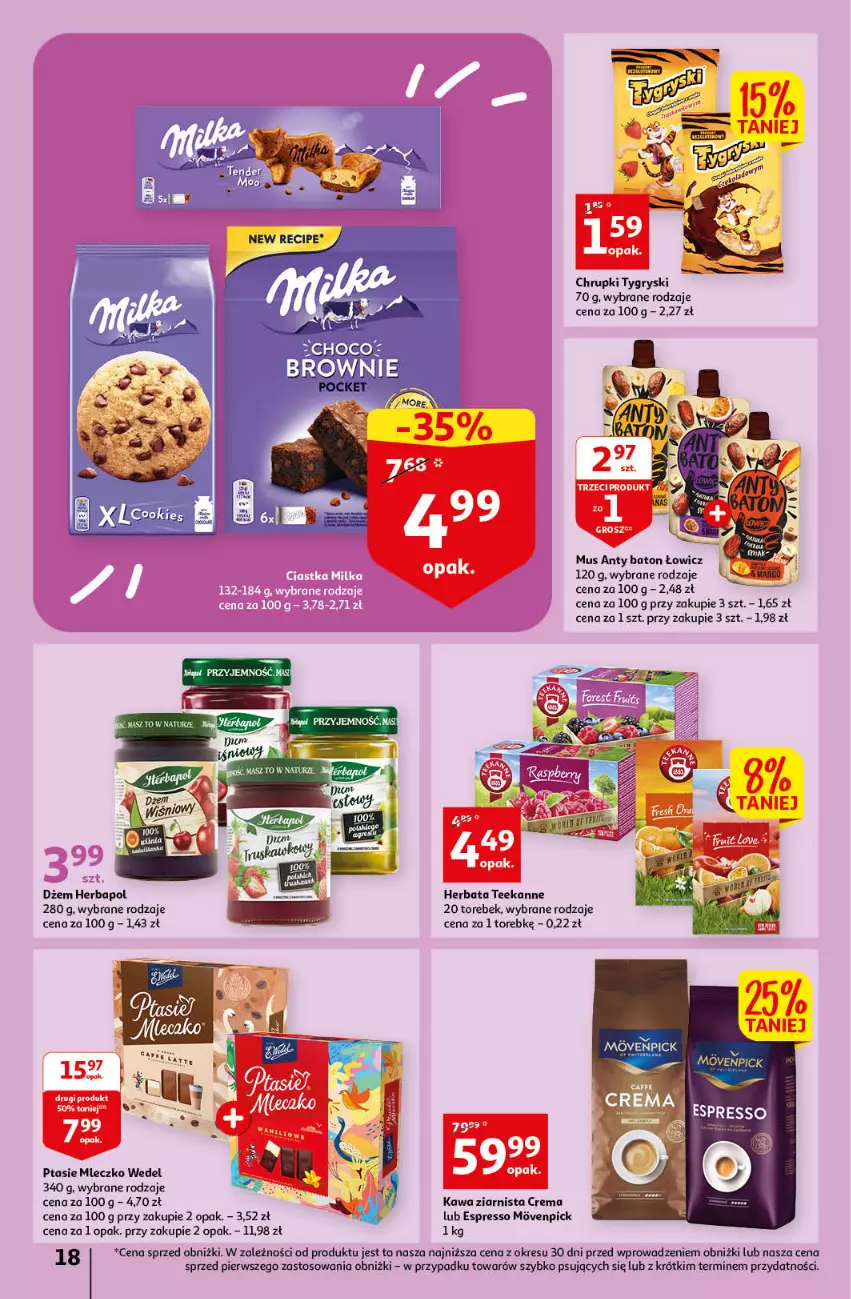 Gazetka promocyjna Auchan - Gazetka Sezon na relaks Hipermarket Auchan - ważna 01.06 do 07.06.2023 - strona 18 - produkty: Baton, Brownie, Chrupki, Dżem, Gry, Herbapol, Herbata, Kawa, Kawa ziarnista, Mleczko, Mus, O nas, Ptasie mleczko, Teekanne