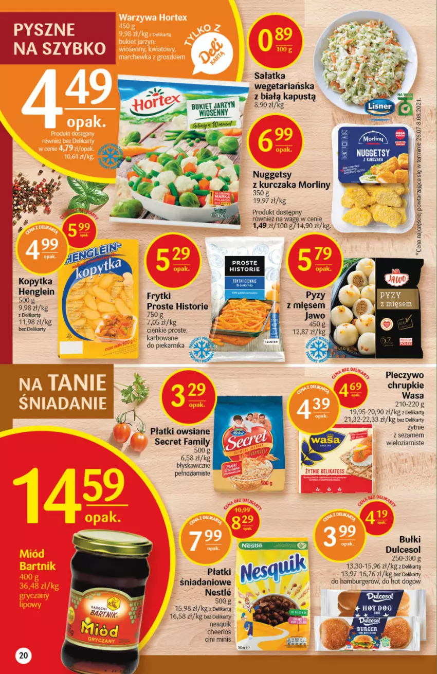 Gazetka promocyjna Delikatesy Centrum - Gazetka Delikatesy Centrum - ważna 30.09 do 06.10.2021 - strona 20 - produkty: Bukiet, Burger, Cheerios, Chrupki, Cini Minis, Danio, Fa, Frytki, Hamburger, Hot dog, Kapustą, Kopytka, Kurczak, Morliny, Nesquik, Piec, Pieczywo, Pieczywo chrupkie, Piekarnik, Płatki owsiane, Sałat, Sałatka, Sezam, Wasa