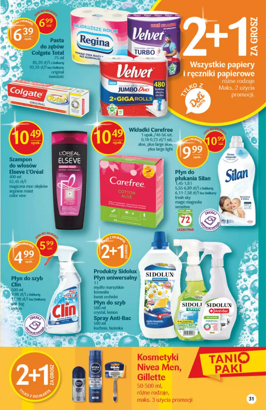 Gazetka promocyjna Delikatesy Centrum - Gazetka Delikatesy Centrum - ważna 30.09 do 06.10.2021 - strona 31 - produkty: Carefree, Clin, Elseve, Gillette, Gin, Kuchnia, Mars, Mydło, Nivea, Nivea Men, Olej, Papier, Płyn do szyb, Ręcznik, Ręczniki papierowe, Sidolux, Silan, Szampon, Velvet, Wkładki