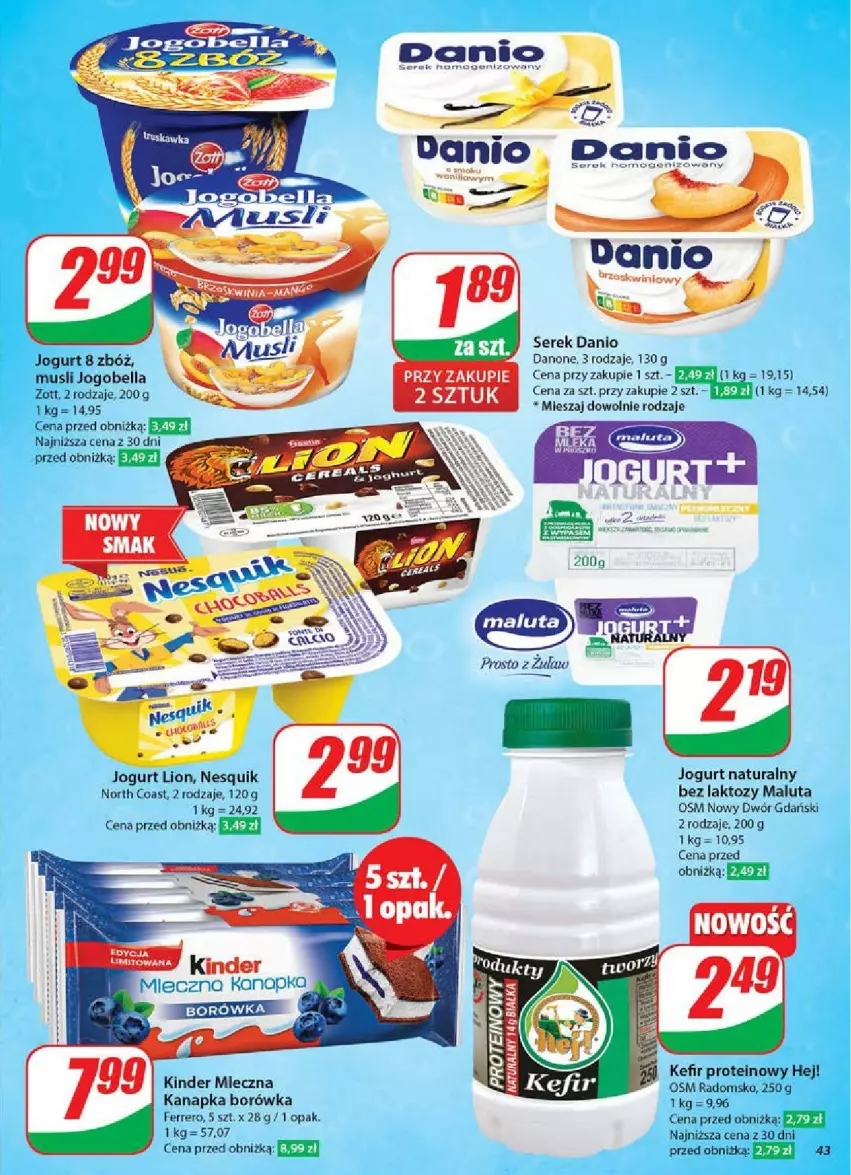 Gazetka promocyjna Dino - ważna 28.05 do 03.06.2025 - strona 38 - produkty: Bell, Bella, Borówka, Danio, Danone, Ferrero, Jogobella, Jogurt, Jogurt naturalny, Kefir, Kinder, Lion, Mleczna kanapka, Mus, Nesquik, Ser, Serek, Serek homogenizowany, Zott