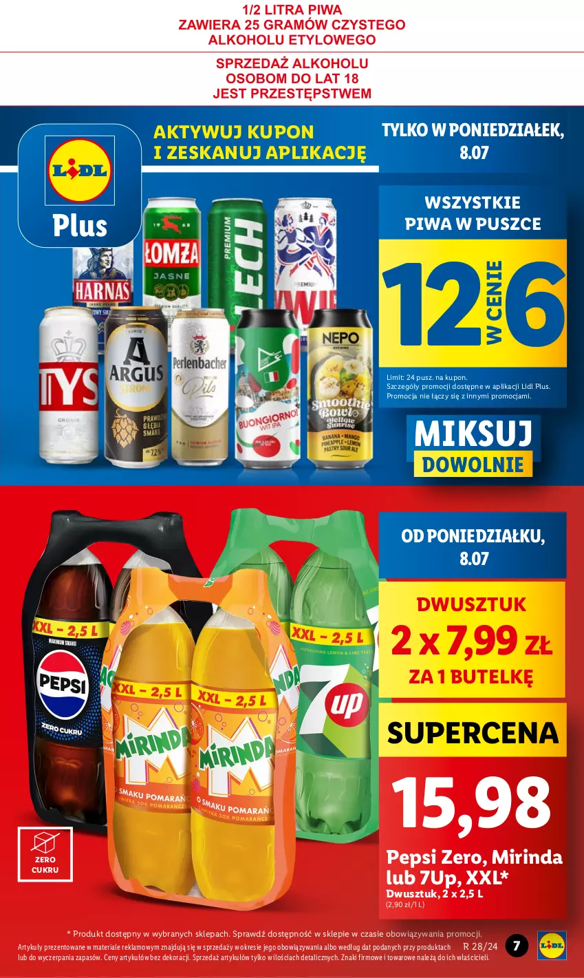 Gazetka promocyjna Lidl - GAZETKA - ważna 08.07 do 10.07.2024 - strona 7 - produkty: 7up, Mirinda, Pepsi, Piwa