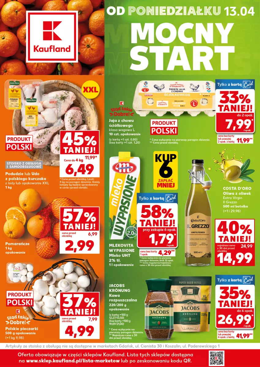 Gazetka promocyjna Kaufland - Mocny Start - ważna 13.04 do 15.04.2026 - strona 1 - produkty: Costa d'Oro, Gin, Jacobs, Jaja, Kawa, Kurczak, Mleko, Mlekovita, Olej, Oliwa, Oliwa z oliwek, Piec, Pomarańcze, Ser