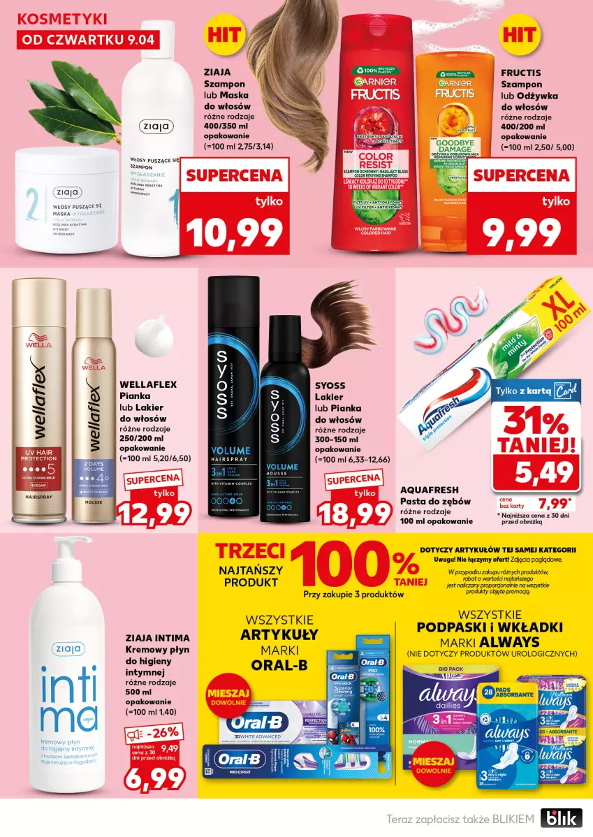 Gazetka promocyjna Kaufland - Mocny Start - ważna 13.04 do 15.04.2026 - strona 26 - produkty: Always, Aquafresh, Fa, Fructis, Lakier, Maska, Odżywka, Oral B, Pasta do zębów, Pianka do włosów, Podpaski, Syoss, Szampon, Tago, Waga, Wella, Wellaflex, Wkładki, Ziaja