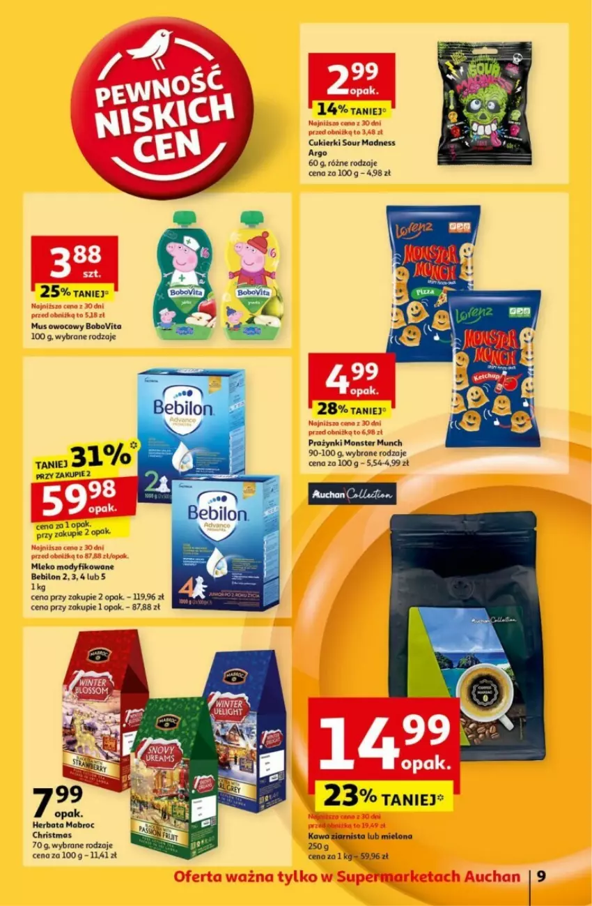 Gazetka promocyjna Auchan - ważna 24.10 do 30.10.2024 - strona 3 - produkty: BEBILON, BoboVita, Cukier, Cukierki, Herbata, Kawa, Kawa ziarnista, Mleko, Mleko modyfikowane, Monster Munch, Mus