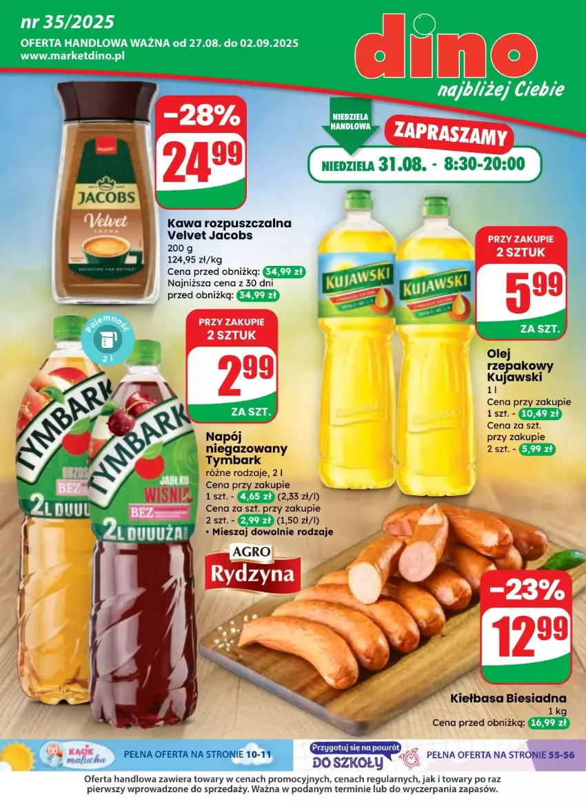 Gazetka promocyjna Dino - ważna 27.08 do 02.09.2025 - strona 1 - produkty: Jacobs, Kawa, Kawa rozpuszczalna, Kiełbasa, Kiełbasa biesiadna, Kujawski, Napój, Olej, Olej rzepakowy, Tymbark, Velvet