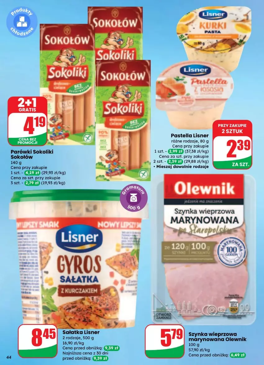 Gazetka promocyjna Dino - ważna 27.08 do 02.09.2025 - strona 39 - produkty: Fa, Lisner, Olewnik, Parówki, Parówki sokoliki, Pastella, Sałat, Sałatka, Sok, Sokołów, Szynka, Szynka wieprzowa