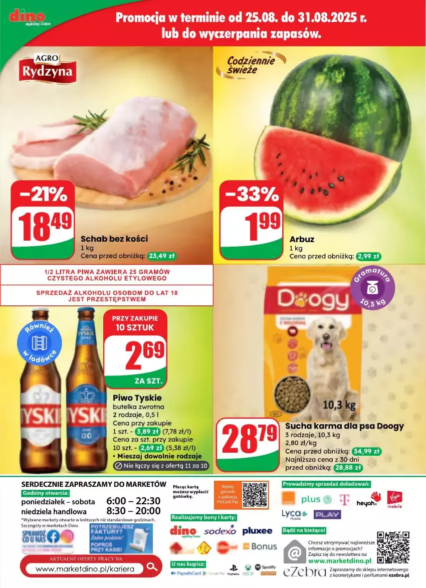 Gazetka promocyjna Dino - ważna 27.08 do 02.09.2025 - strona 64 - produkty: Arbuz, Perfum, Piwo, Schab bez kości, Ser, Sucha karma, Tera, Tyskie
