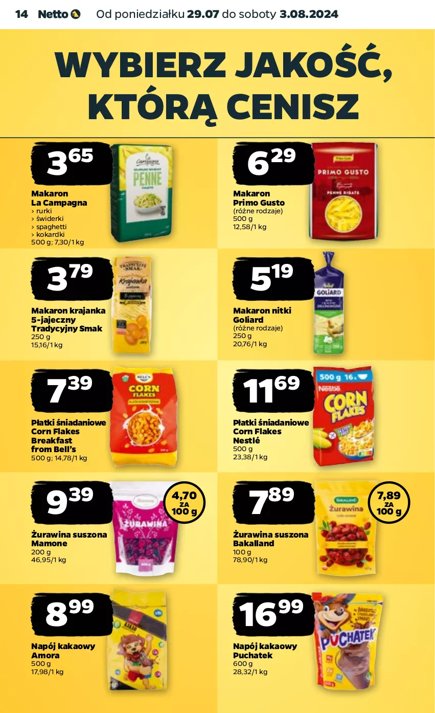 Gazetka promocyjna Netto - Od Poniedziałku - ważna 29.07 do 03.08.2024 - strona 14 - produkty: Bakalland, Bell, Corn flakes, Danio, Fa, Goliard, Kakao, Makaron, Napój, Nestlé, Rurki, Spaghetti