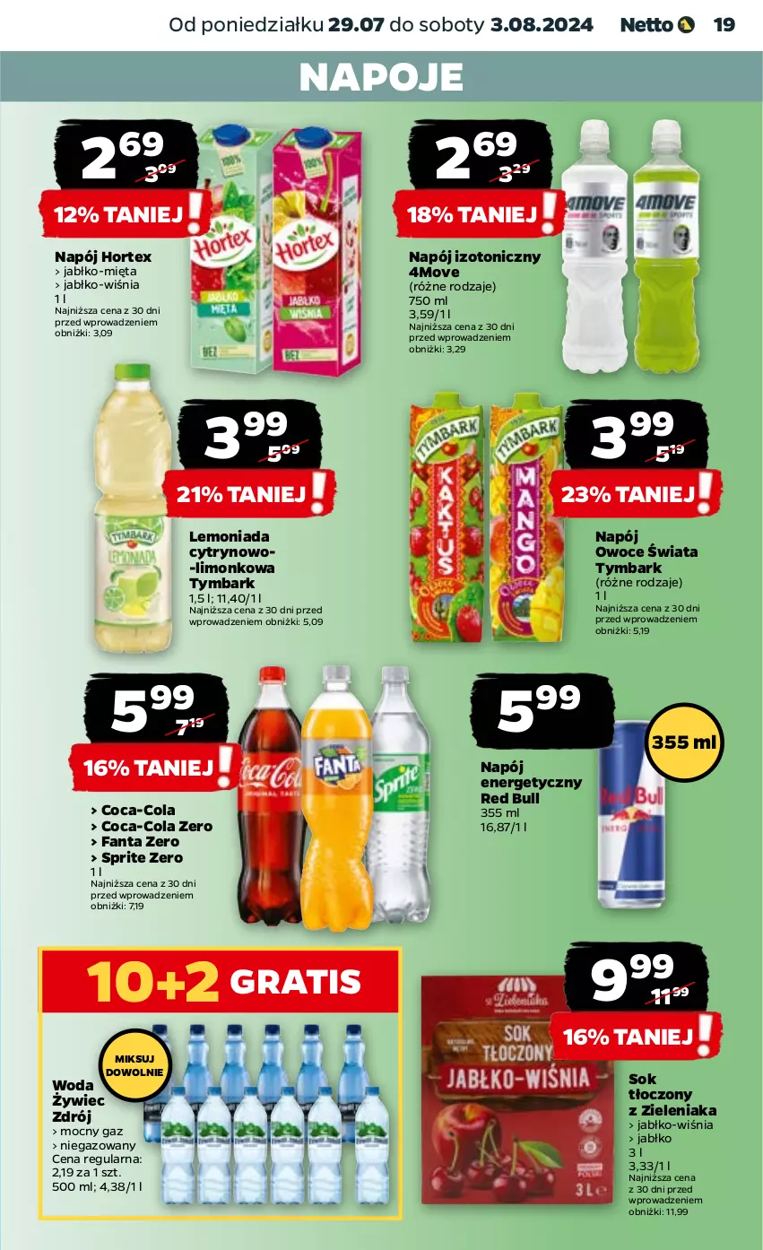 Gazetka promocyjna Netto - Od Poniedziałku - ważna 29.07 do 03.08.2024 - strona 19 - produkty: Coca-Cola, Fa, Fanta, Gra, Hortex, Lemoniada, Mięta, Napój, Napój energetyczny, Napój izotoniczny, Napoje, Owoce, Red Bull, Sok, Sprite, Tymbark, Woda