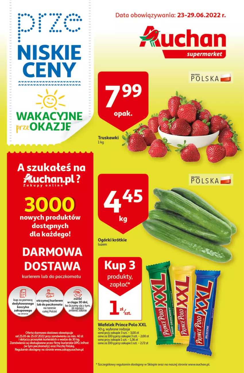 Gazetka promocyjna Auchan - przeNISKIE CENY WAKACYJNE przeOKAZJE Supermarkety - ważna 23.06 do 29.06.2022 - strona 1 - produkty: Kosz, Prince Polo, Truskawki, Wafelek