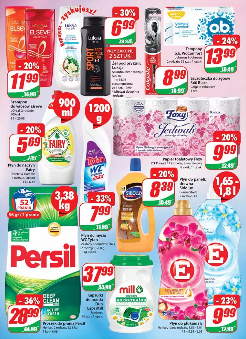 Gazetka promocyjna Dino - Gazetka - ważna 21.09 do 27.09.2022 - strona 23 - produkty: Colgate, Elseve, Fa, Fairy, Foxy, LG, Luksja, O.B., Palmolive, Papier, Papier toaletowy, Płyn do płukania, Sidolux, Szampon, Szczoteczka, Szczoteczka do zębów, Tampony