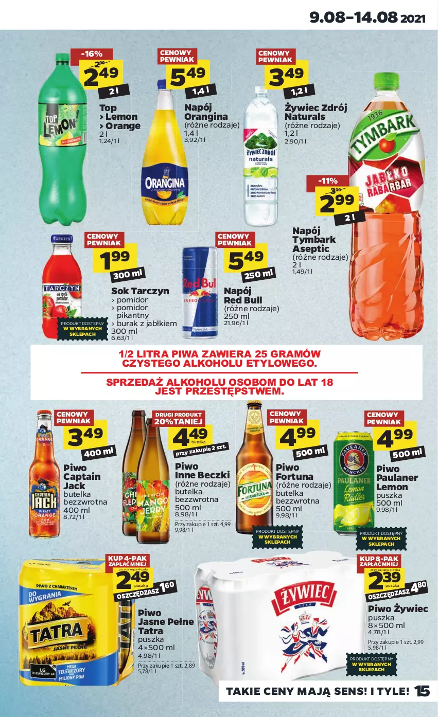 Gazetka promocyjna Netto - Gazetka spożywcza - ważna 09.08 do 14.08.2021 - strona 15 - produkty: Captain Jack, Fortuna, Gin, Gra, Napój, Piwa, Piwo, Piwo jasne, Red Bull, Sok, Tatra, Top, Tymbark