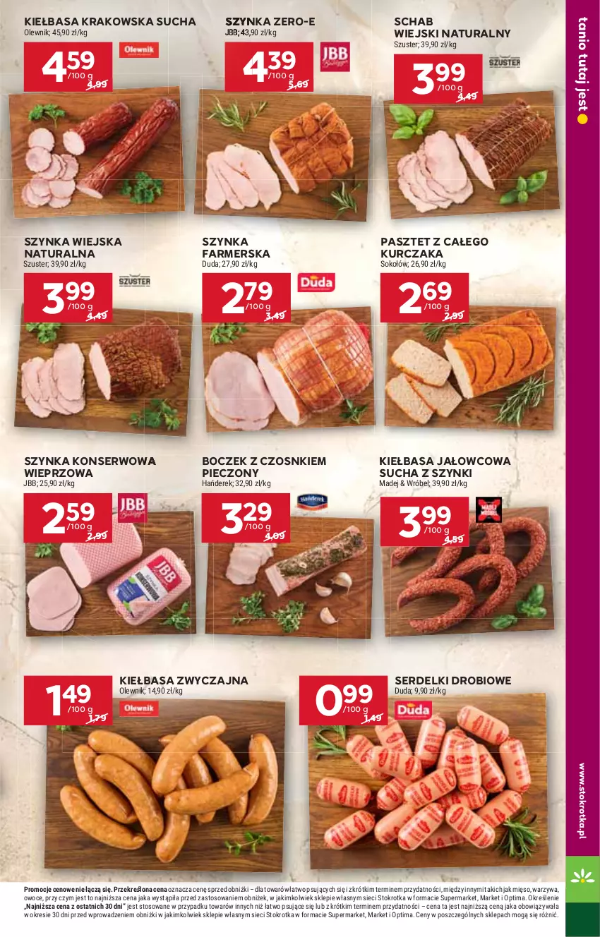 Gazetka promocyjna Stokrotka - Supermarket - ważna 17.09 do 23.09.2026 - strona 15 - produkty: Boczek, Duda, Fa, Kiełbasa, Kiełbasa krakowska, Kurczak, Mięso, Olewnik, Optima, Owoce, Pasztet, Piec, Ser, Serdelki, Sok, Sokołów, Szynka, Szynka farmerska, Szynka konserwowa, Warzywa
