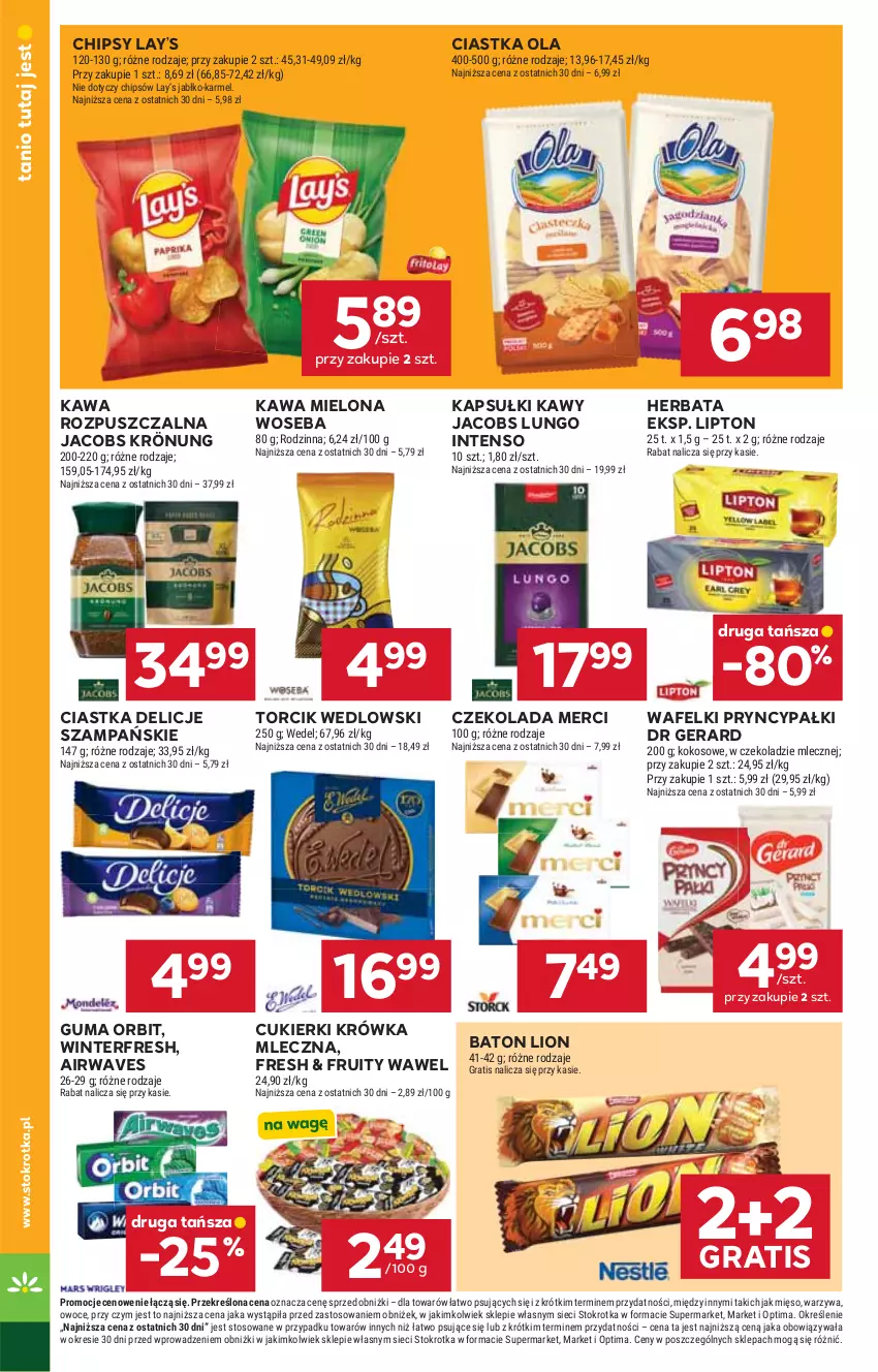 Gazetka promocyjna Stokrotka - Supermarket - ważna 17.09 do 23.09.2026 - strona 26 - produkty: Baton, Chipsy, Ciastka, Cukier, Cukierki, Czekolada, Delicje, Dr Gerard, Gra, Herbata, Jacobs, Jacobs Krönung, Kawa, Kawa mielona, Kawa rozpuszczalna, Kokos, Lay’s, Lion, Lipton, Merci, Mięso, Optima, Orbit, Owoce, Warzywa, Wawel, Woseba