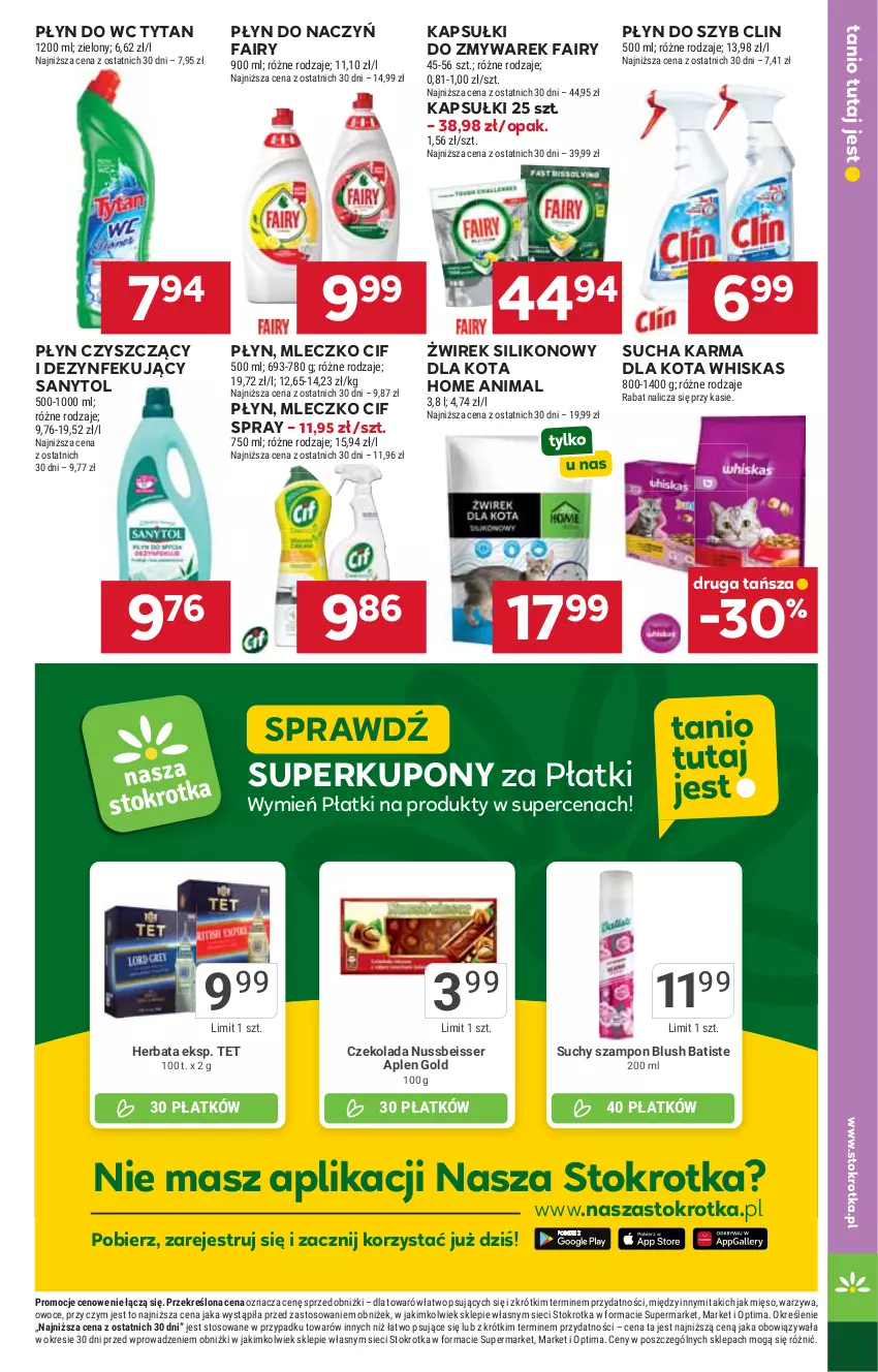 Gazetka promocyjna Stokrotka - Supermarket - ważna 17.09 do 23.09.2026 - strona 35 - produkty: Batiste, Cif, Clin, Czekolada, Fa, Fairy, Herbata, Mięso, Mleczko, Optima, Owoce, Płyn do szyb, Płyn do wc, Sanytol, Ser, Sucha karma, Suchy szampon, Szampon, Tytan, Warzywa, Whiskas