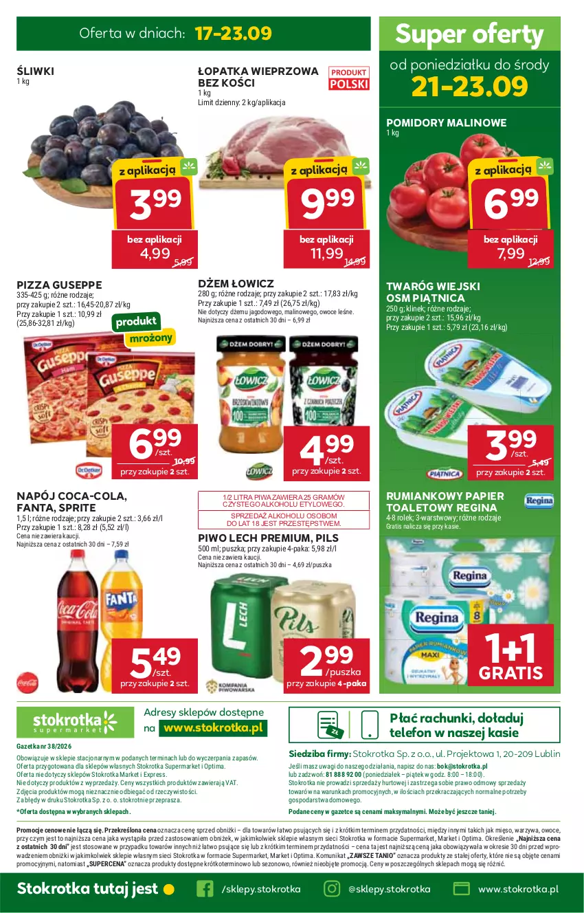 Gazetka promocyjna Stokrotka - Supermarket - ważna 17.09 do 23.09.2026 - strona 45 - produkty: Coca-Cola, Dres, Dżem, Fa, Fanta, Gin, Gra, Lech Premium, Mięso, Napój, O nas, Optima, Owoce, Papier, Papier toaletowy, Piątnica, Piwa, Piwo, Pizza, Pomidory, Rum, Sprite, Telefon, Twaróg, Wagi, Warzywa